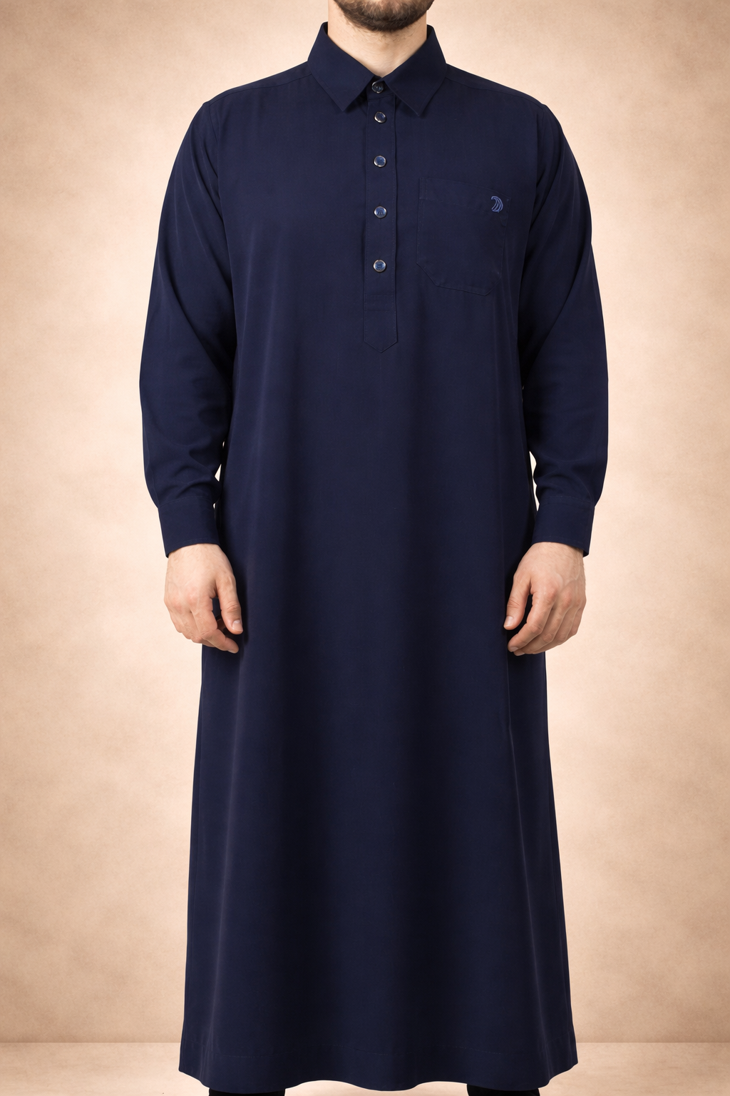 Donkerblauwe heren qamis met overhemdkraag uit de Adab-collectie
