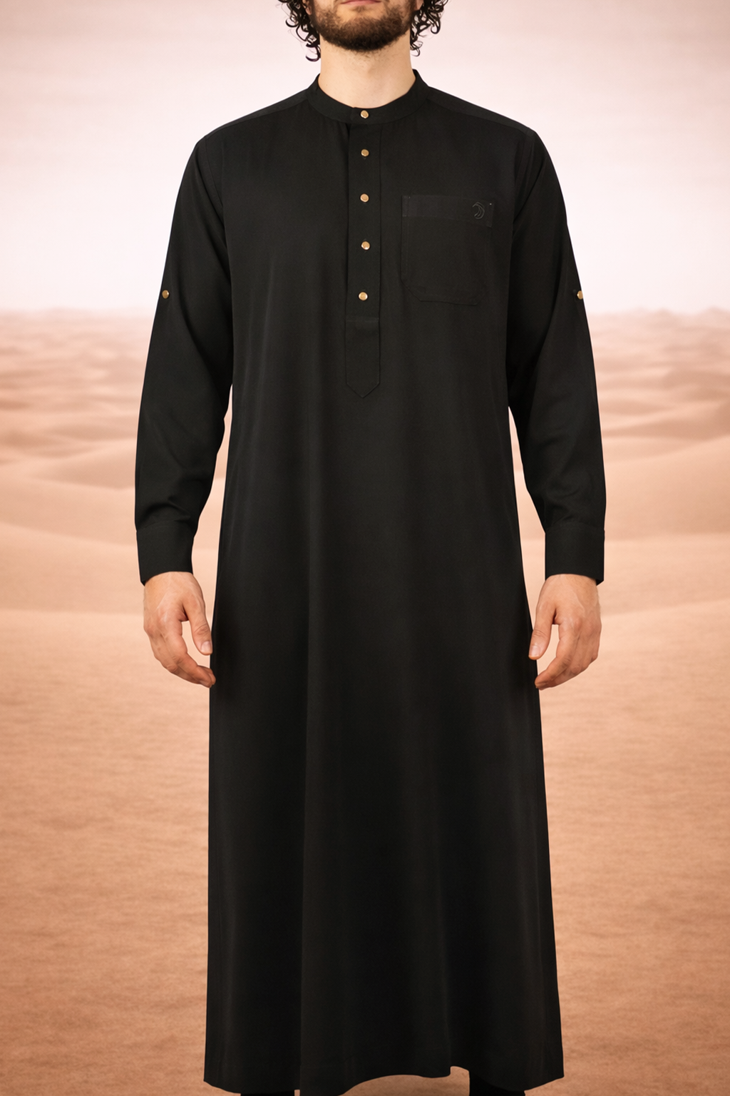 Zwarte heren qamis met minimalistisch ontwerp uit de Lateef-collectie