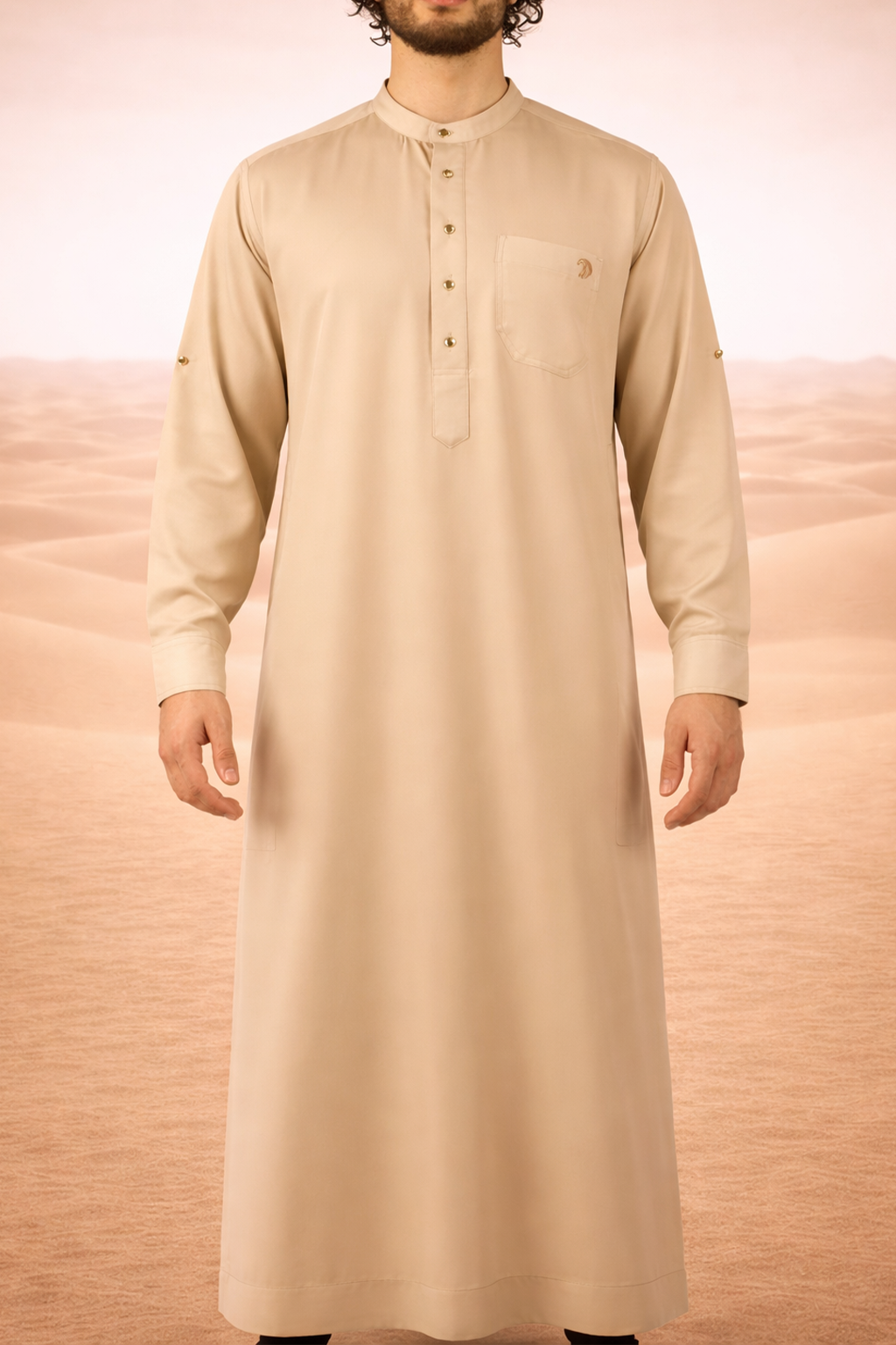 Beige heren qamis met minimalistisch ontwerp uit de Lateef-collectie