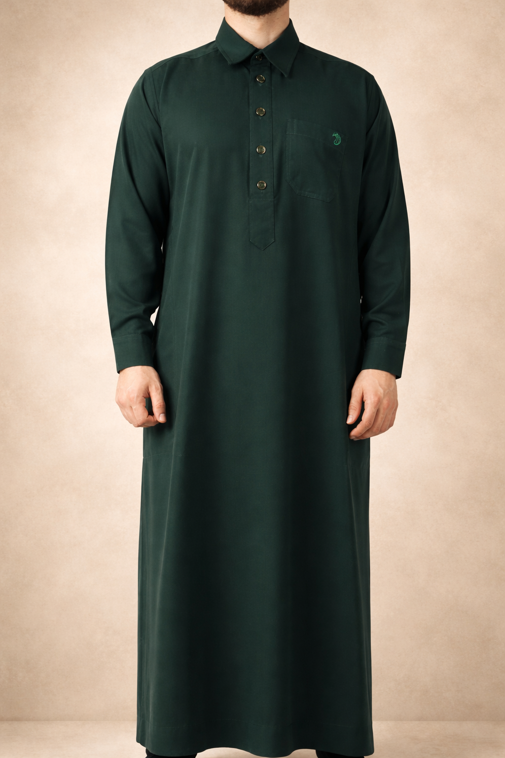 Donkergroene heren qamis met overhemdkraag uit de Adab-collectie